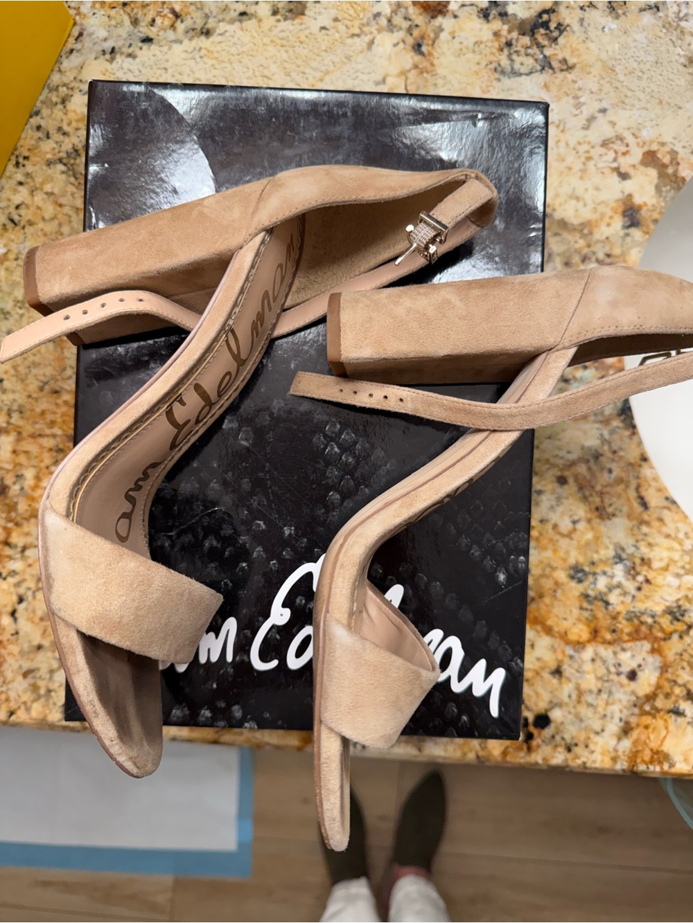 Sam Edelman Taupe Suede Ankle-Strap Block Heel Sandals - Picture 3 of 5
